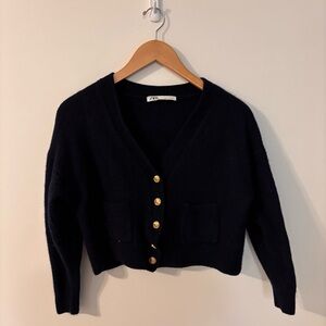 Zara Women's Navy 100% Wool Cardigan Sweater Size Small (SHRUNK)